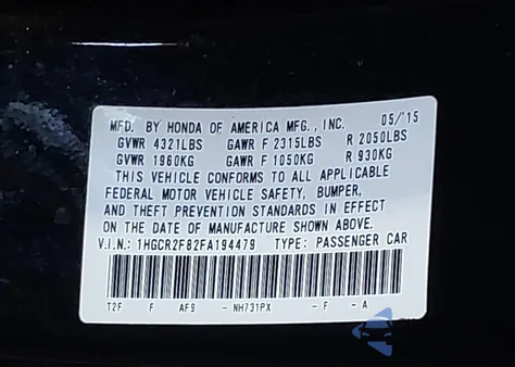 2015 Honda Accord Ex-L from USA, damaged, VIN 1HGCR2F82FA194479